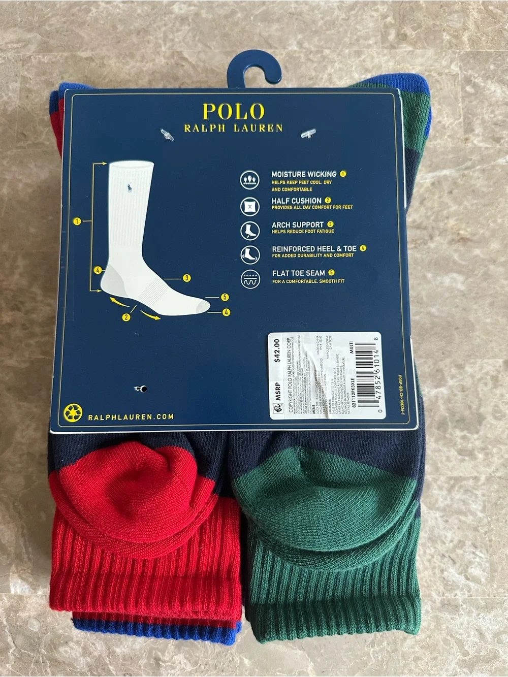Polo by Ralph Lauren Crew Performance Socks - Blue, Navy & Yellow (6-Pack)